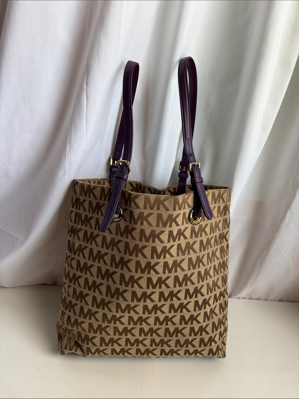 Michael Kors Brown Signature MK Tote with Purple Handles